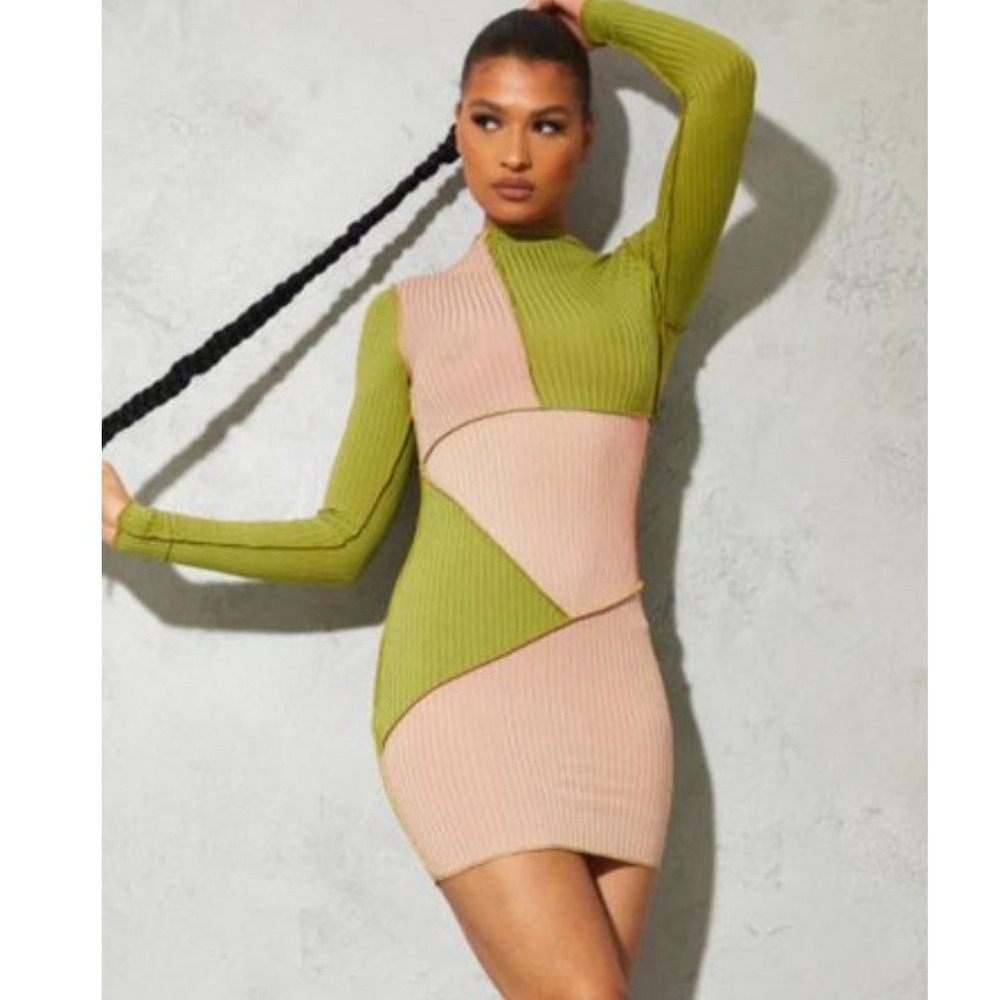 PrettyLittleThing Bodycon Mini Dress‎ Long Sleeve Color Block Ribbed Knit Olive